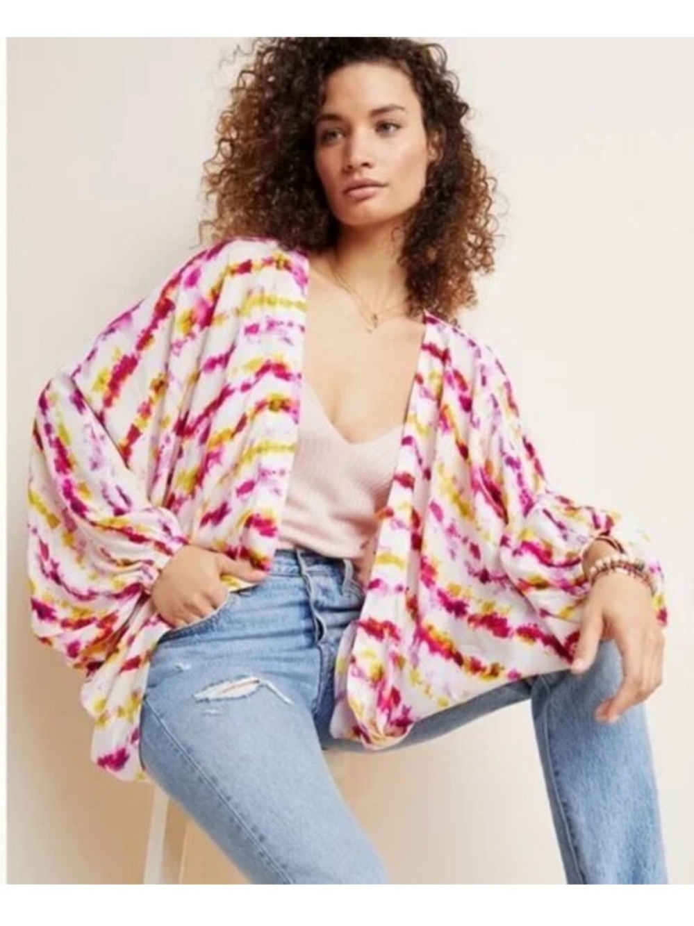 ANTHROPOLOGIE tie dye OPEN wrap CARDIGAN topper KIMONO pink yellow ONE SIZE